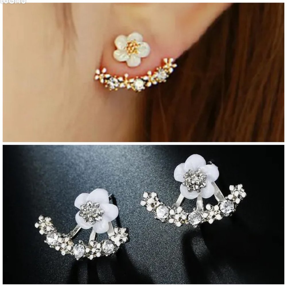 Silver Plated Rhinestone White Flower Stud Climber Jacket Earrings New